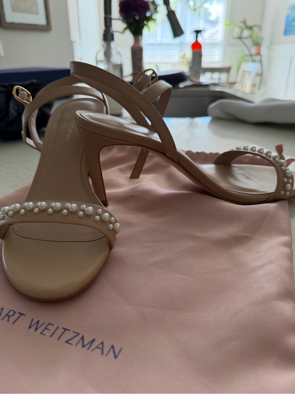 Stuart Weitzman Pearl-Embellished Nude Slingback Heels